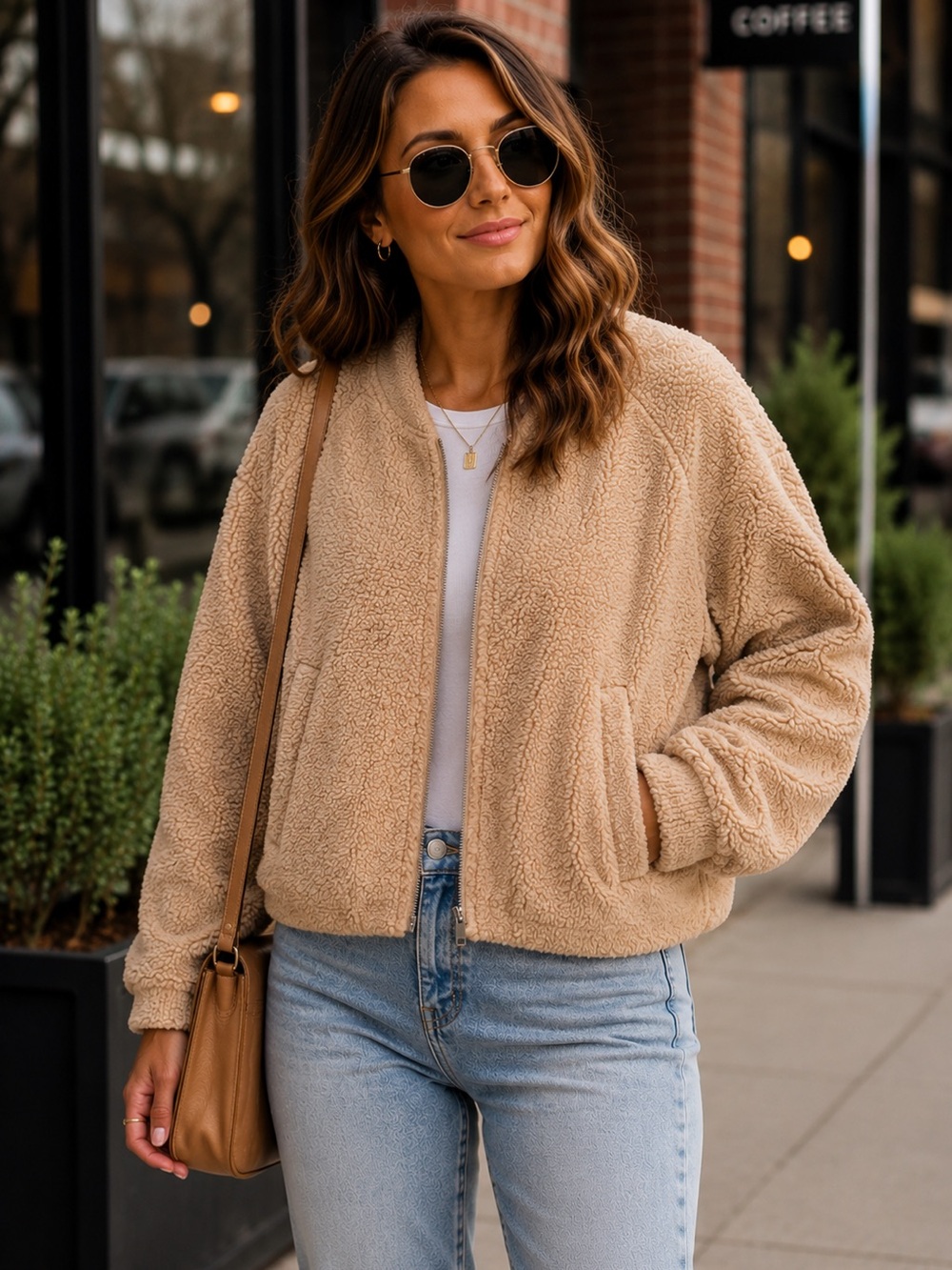 Double Zero Plush Zip Jacket in Camel Beige